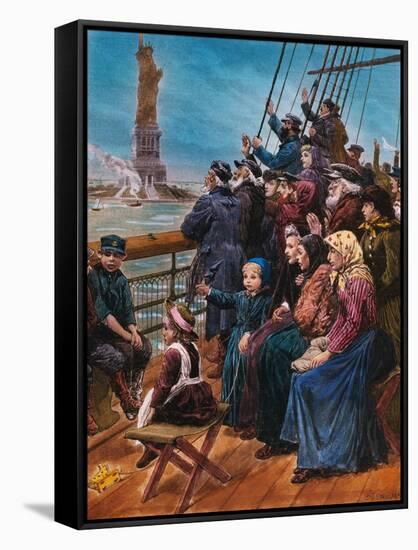 Jewish Immigrants on Ship near Statue of Liberty-null-Framed Stretched Canvas