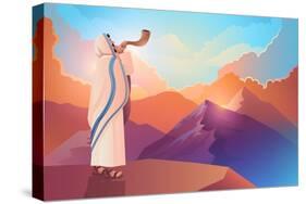 Jewish Man Blowing the Shofar Ram's Horn on a Beautiful Mountain and Cloudscape Background-rudall30-Stretched Canvas