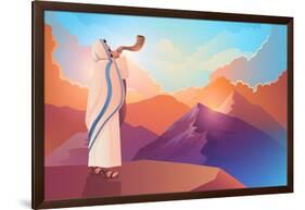 Jewish Man Blowing the Shofar Ram's Horn on a Beautiful Mountain and Cloudscape Background-rudall30-Framed Photographic Print