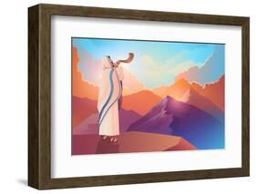 Jewish Man Blowing the Shofar Ram's Horn on a Beautiful Mountain and Cloudscape Background-rudall30-Framed Photographic Print