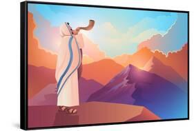 Jewish Man Blowing the Shofar Ram's Horn on a Beautiful Mountain and Cloudscape Background-rudall30-Framed Stretched Canvas