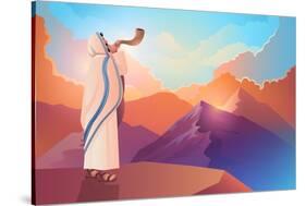 Jewish Man Blowing the Shofar Ram's Horn on a Beautiful Mountain and Cloudscape Background-rudall30-Stretched Canvas