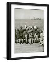 Jewish Refugee Children Waving at the Statue of Liberty from Ocean Liner, 1939-null-Framed Photo