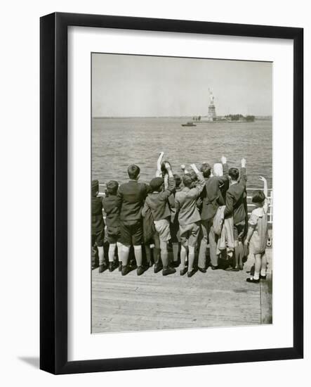 Jewish Refugee Children Waving at the Statue of Liberty from Ocean Liner, 1939-null-Framed Photo