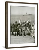 Jewish Refugee Children Waving at the Statue of Liberty from Ocean Liner, 1939-null-Framed Photo