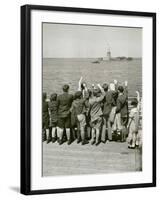 Jewish Refugee Children Waving at the Statue of Liberty from Ocean Liner, 1939-null-Framed Photo