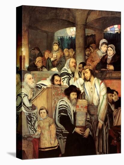 Jews Praying in the Synagogue on Yom Kippur-Maurycy Gottlieb-Stretched Canvas