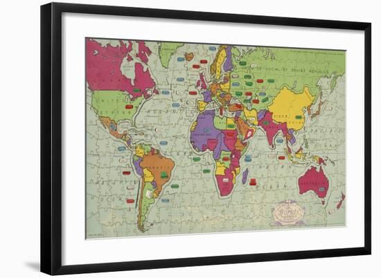 Jigsaw Puzzle of The World on Mercator's Projection with Country Capitals, 1935-null-Framed Giclee Print