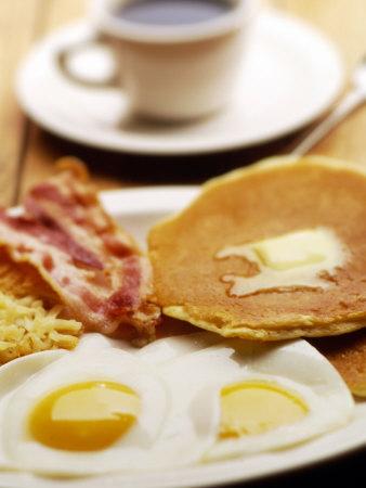 American Breakfast of Pancakes, Eggs, and Bacon