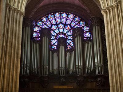 Detail of Notre Dame Cathedral Pipe Organ and Stained Glass Window, Paris, France