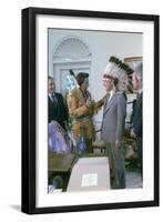 Jimmy Carter Wearing a Feathered Headdress with 'Iron Eyes' Cody , April 21, 1978-null-Framed Photo