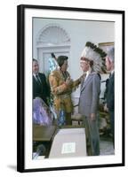 Jimmy Carter Wearing a Feathered Headdress with 'Iron Eyes' Cody , April 21, 1978-null-Framed Photo