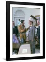 Jimmy Carter Wearing a Feathered Headdress with 'Iron Eyes' Cody , April 21, 1978-null-Framed Photo