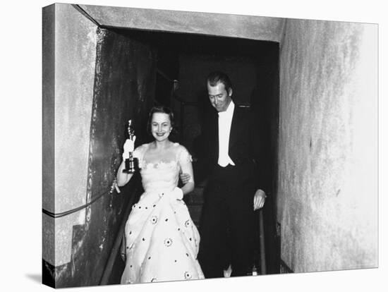 Jimmy Stewart Escorting Olivia deHavilland After Winning Oscar for Best Actress in "The Heiress"-Ed Clark-Stretched Canvas