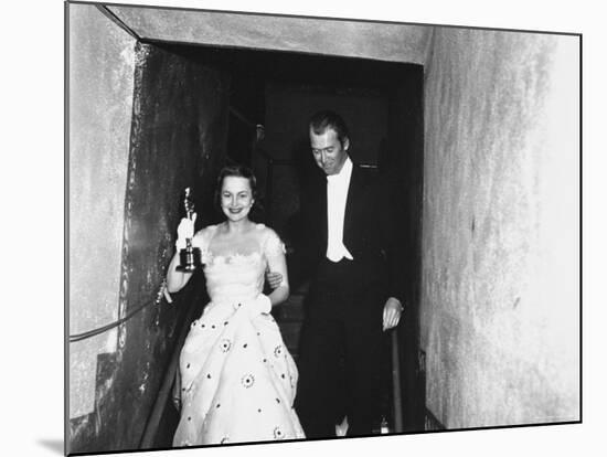 Jimmy Stewart Escorting Olivia deHavilland After Winning Oscar for Best Actress in "The Heiress"-Ed Clark-Mounted Premium Photographic Print