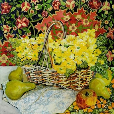Yellow Primroses in a Basket, with Fruit and Textiles, 2010