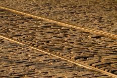 USA, Georgia, Savannah. Old railroad tracks along cobblestone at River Street.-Joanne Wells-Photographic Print