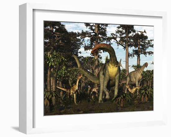 Jobaria Dinosaur Is Menaced by Afrovenators in Jurassic North Africa-Stocktrek Images-Framed Art Print