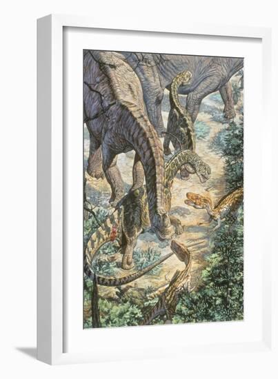 Jobaria Sauropods and Afroventor Raptors of the Mid-Cretaceous Period-null-Framed Art Print