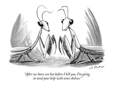"After we have sex but before I kill you, I'm going to need your help with?" - New Yorker Cartoon