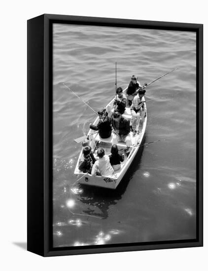 Joe Powers with Eight of His Ten Children Fishing in a Rowboat on Long Island Sound-Yale Joel-Framed Stretched Canvas