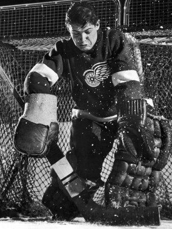 Terry Sawchuck, Star Goalie for the Detroit Red Wings, Warding Off Shot on Goal, at Ice Arena