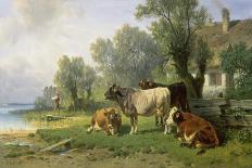 Cattle in a Farmyard Along a River with a Fisherman Beyond, 1881-Johann Friedrich Voltz-Framed Giclee Print