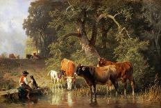 Cattle in a Farmyard Along a River with a Fisherman Beyond, 1881-Johann Friedrich Voltz-Framed Giclee Print