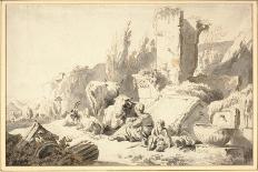 A Drover with His Family and Cattle beside Classical Ruins, 1666 (Chalk, Ink & W/C on Paper)-Johann Heinrich Roos-Giclee Print