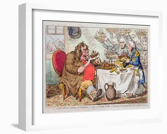 John Bull Taking a Luncheon, or British Cooks, Cramming Old Grumble-Gizzard with Bonne-Chere,…-James Gillray-Framed Giclee Print