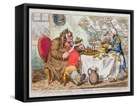 John Bull Taking a Luncheon, or British Cooks, Cramming Old Grumble-Gizzard with Bonne-Chere,…-James Gillray-Framed Stretched Canvas