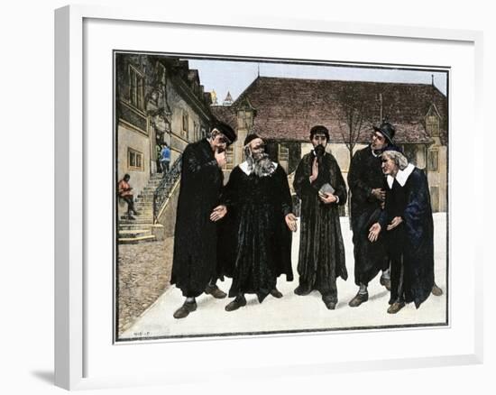 John Calvin and the Four Syndics Founding the Seminary Which Became the College of Geneva, 1559-null-Framed Giclee Print