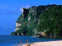 People in Water at Tumon Beach with Amantes (Two Lovers) Point Behind, Tumon, Guam-John Elk III-Photographic Print