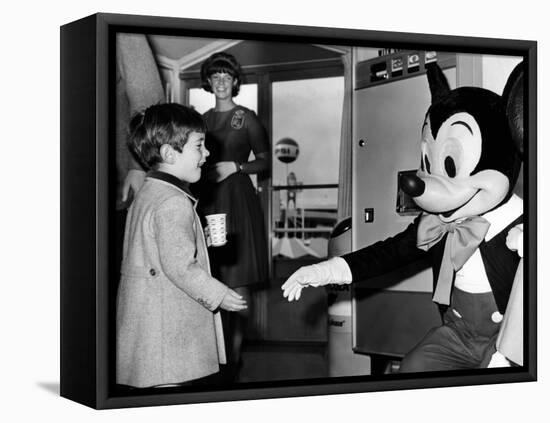 John F Kennedy Jr Shake Hands with Mickey Mouse During Visit to New York World's Fair, Apr 24, 1965-null-Framed Stretched Canvas