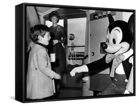 John F Kennedy Jr Shake Hands with Mickey Mouse During Visit to New York World's Fair, Apr 24, 1965-null-Framed Stretched Canvas