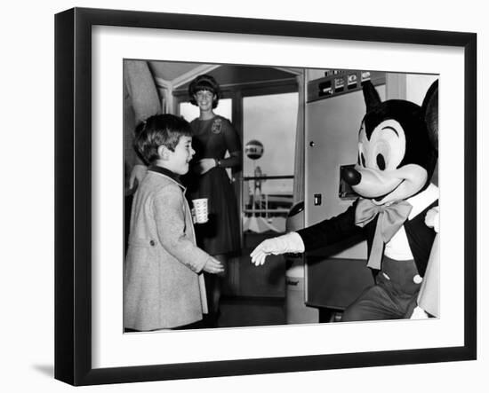 John F Kennedy Jr Shake Hands with Mickey Mouse During Visit to New York World's Fair, Apr 24, 1965-null-Framed Photo