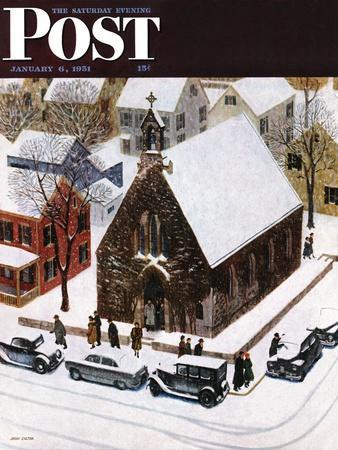 "Snowy Morning at Church" Saturday Evening Post Cover, January 6, 1951