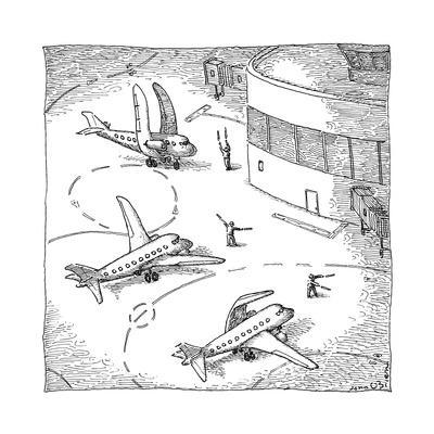 Airplanes on a runway match their wings to the shapes dictated by air-traf... - New Yorker Cartoon