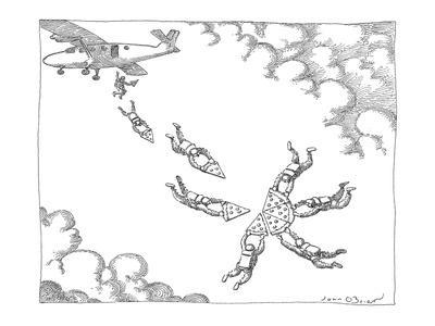 Skydivers, holding slices of a large pizza, form a whole pie in the sky. - New Yorker Cartoon