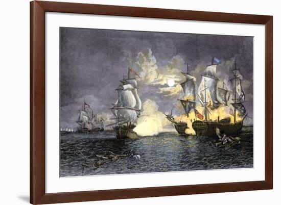 John Paul Jones's Ship, Bon Homme Richard, Defeating the British Serapis, c.1779-null-Framed Giclee Print