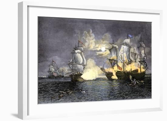 John Paul Jones's Ship, Bon Homme Richard, Defeating the British Serapis, c.1779-null-Framed Giclee Print