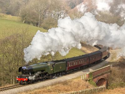 The Flying Scotsman steam locomotive arriving at Goathland station on the North Yorkshire Moors Rai
