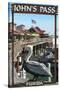 John's Pass, Florida - Pelican and Dock-Lantern Press-Stretched Canvas