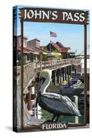 John's Pass, Florida - Pelican and Dock-Lantern Press-Stretched Canvas