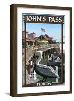 John's Pass, Florida - Pelican and Dock-Lantern Press-Framed Art Print