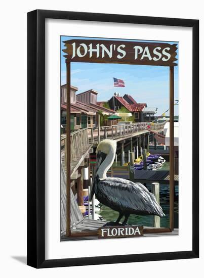 John's Pass, Florida - Pelican and Dock-Lantern Press-Framed Art Print