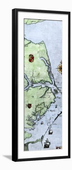 John White's Map of the Virginia and Carolina Coast Where Roanoke Colony Was Located, c.1500-null-Framed Giclee Print