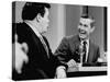 Johnny Carson and Jimmy Breslin Enjoying Conversation During Taping of the Johnny Carson Show-Arthur Schatz-Stretched Canvas