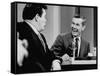 Johnny Carson and Jimmy Breslin Enjoying Conversation During Taping of the Johnny Carson Show-Arthur Schatz-Framed Stretched Canvas