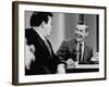 Johnny Carson and Jimmy Breslin Enjoying Conversation During Taping of the Johnny Carson Show-Arthur Schatz-Framed Premium Photographic Print